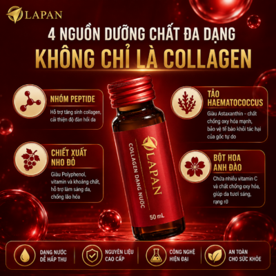 Mẫu bao bì lọ collagen dạng nước với thiết kế đỏ sang trọng, giúp sản phẩm nổi bật hơn khi trưng bày và bán hàng online.