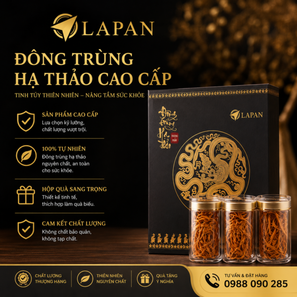 Bộ quà tặng đông trùng hạ thảo cao cấp LAPAN với thiết kế hộp đen vàng sang trọng, lọ đựng trong suốt nắp vàng cao cấp, phù hợp cho sản phẩm sức khỏe, quà biếu doanh nghiệp và đông trùng hạ thảo nguyên chất. Bao bì nổi bật, tinh tế, giúp nâng tầm thương hiệu và tăng giá trị sản phẩm.