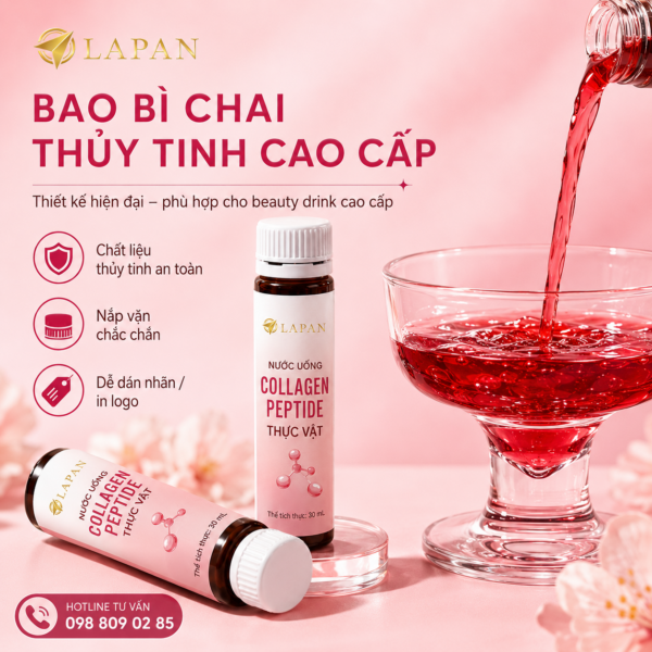 Bao bì chai lọ cho sản phẩm collagen nước dung tích nhỏ, thích hợp cho doanh nghiệp đang phát triển sản phẩm làm đẹp dạng uống. Lapan hỗ trợ tư vấn mẫu chai lọ, thiết kế nhãn, in logo và báo giá sỉ theo số lượng đặt hàng.