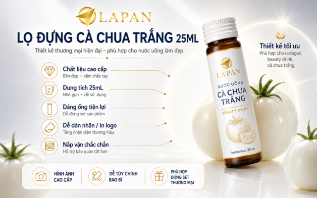 Mẫu chai lọ đựng collagen dạng uống 25ml dành cho doanh nghiệp dược mỹ phẩm, thực phẩm chức năng và các thương hiệu nước uống làm đẹp. Thiết kế phù hợp với sản phẩm dạng uống dung tích nhỏ, dễ trưng bày, dễ đóng hộp và hỗ trợ tùy chỉnh nhãn mác theo nhận diện thương hiệu.