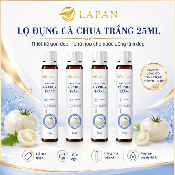 Mẫu chai lọ đựng collagen dạng uống 25ml dành cho doanh nghiệp dược mỹ phẩm, thực phẩm chức năng và các thương hiệu nước uống làm đẹp. Thiết kế phù hợp với sản phẩm dạng uống dung tích nhỏ, dễ trưng bày, dễ đóng hộp và hỗ trợ tùy chỉnh nhãn mác theo nhận diện thương hiệu.