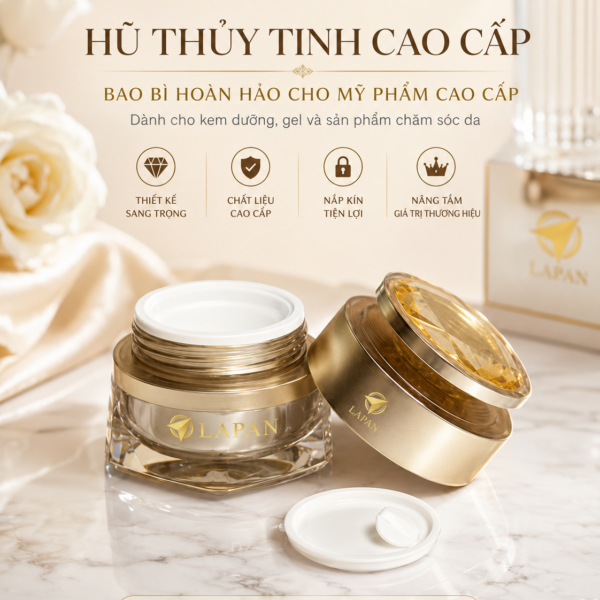 Hũ thủy tinh 50gr LAPAN có kiểu dáng tinh tế, chất liệu chắc chắn và nắp kín giúp bảo quản sản phẩm tốt hơn. Đây là lựa chọn phù hợp cho các thương hiệu mỹ phẩm muốn xây dựng hình ảnh chuyên nghiệp và cao cấp.