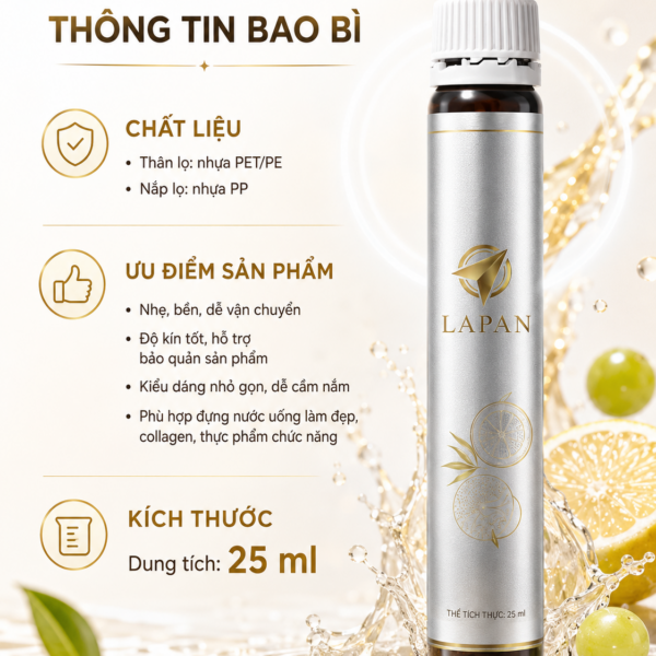 Bao bì chai lọ cho sản phẩm collagen nước dung tích nhỏ, thích hợp cho doanh nghiệp đang phát triển sản phẩm làm đẹp dạng uống. Lapan hỗ trợ tư vấn mẫu chai lọ, thiết kế nhãn, in logo và báo giá sỉ theo số lượng đặt hàng.